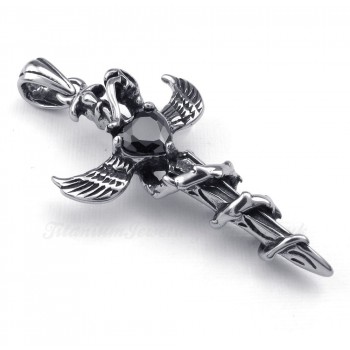 Black Zircon Sword Wings Titanium Cross Pendant Necklace (Free Chain)-£ ...