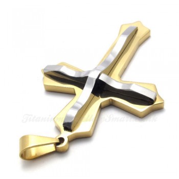 Silver And Gold Double Cross Titanium Pendant Necklace (Free Chain)